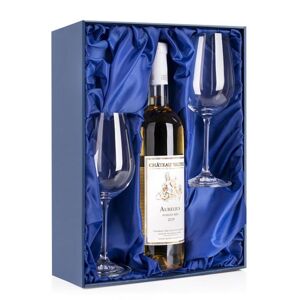 Darčeková krabička na fľašu a 2 vínne poháre Výstielka: modrý satén Prodáváme pouze k našim sklenicím