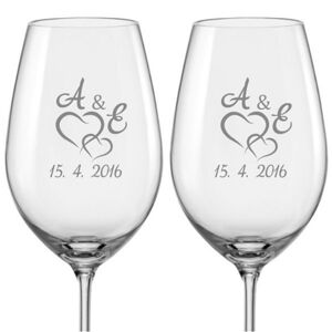 Svadobné poháre na víno Spojená srdce s monogramom, 2 ks