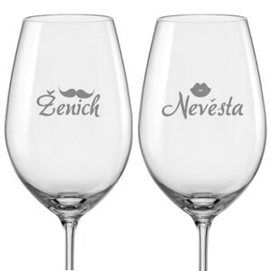 Svadobné poháre na víno Ženích a Nevesta s dátumom svadby na korunka, 2 ks